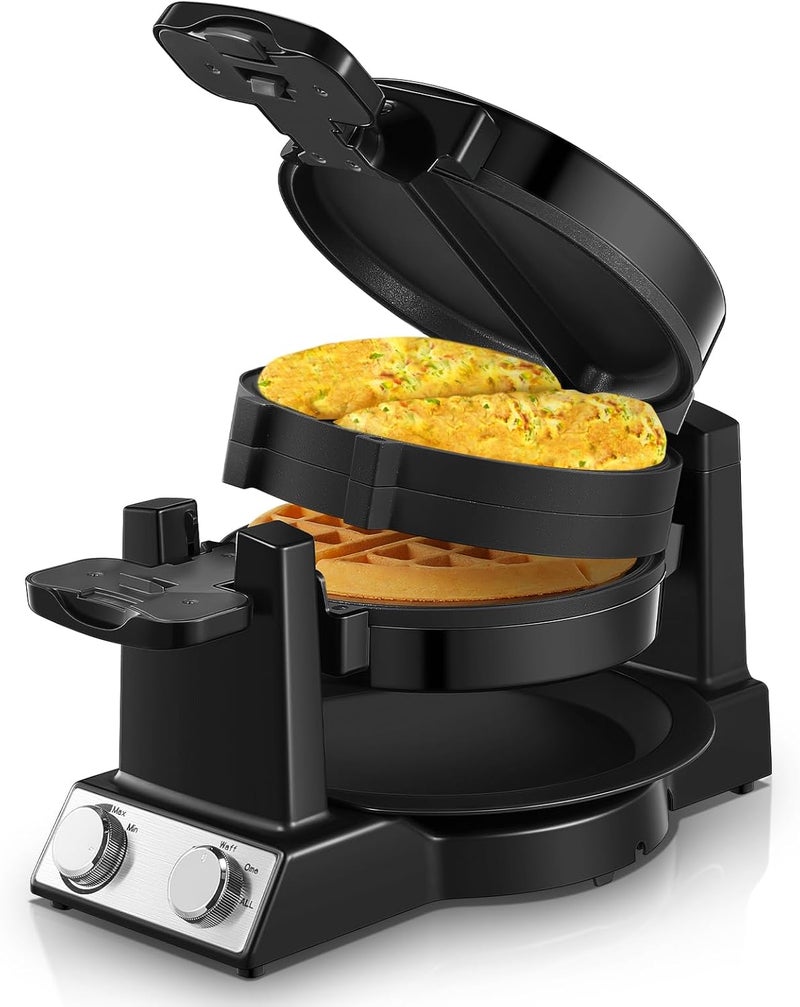 FOHERE 2-in-1 Omelette Maker&Waffle Maker, 1400W Omelet Waffle Maker 180° Flip, Adjustable Browning Control, Non-Removable & Nonstick Pans, Make Two Omelet and One Waffle at Once for Home (Dark Black) - Image 1